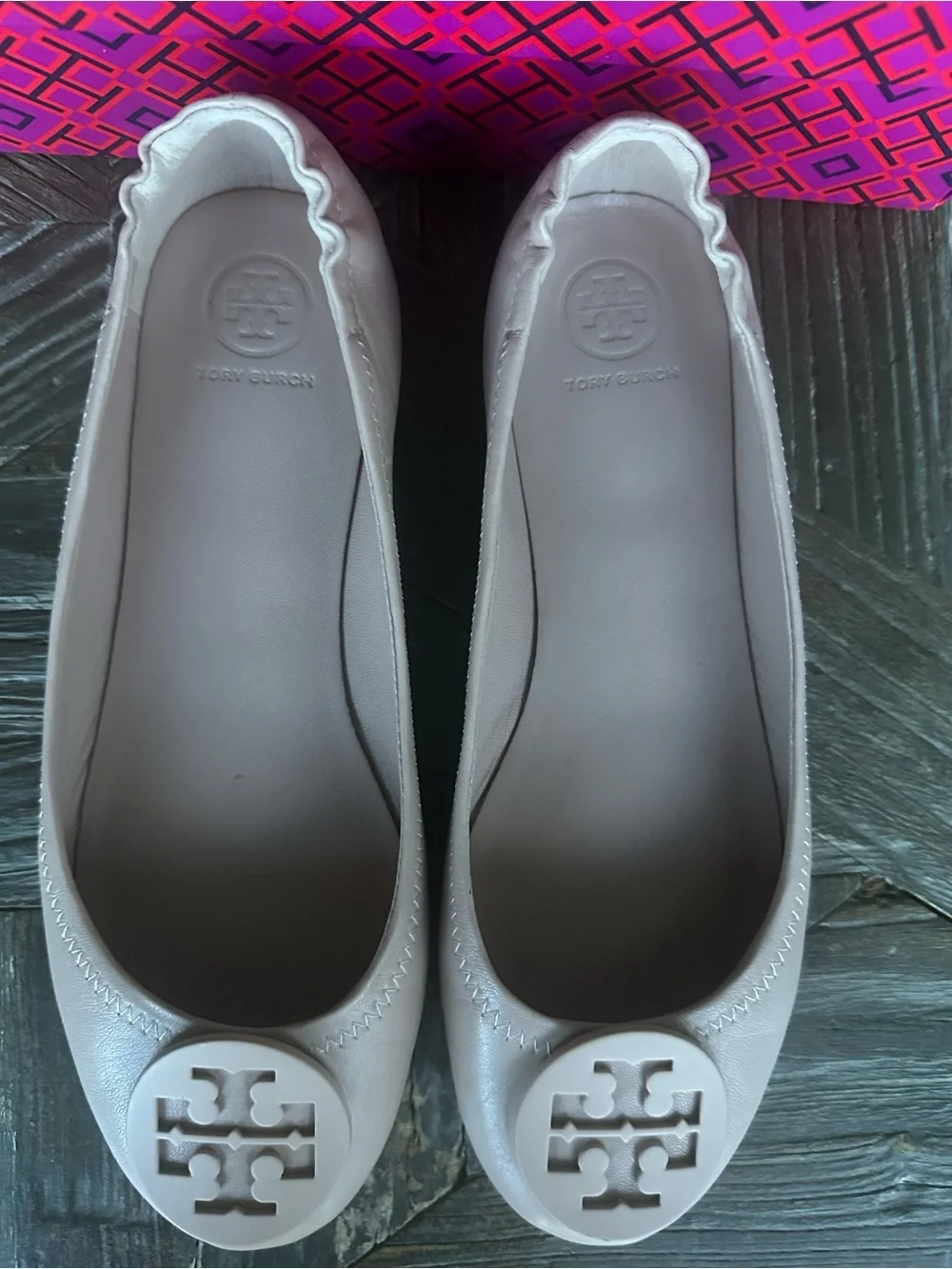 Tory Burch Minnie Travel Blush Leather Logo Ballet Flats Size 8